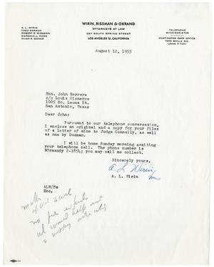 Primary view of object titled '[Letter from A. L. Wirin to John J. Herrera - 1955-08-12]'.