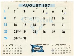 Primary view of object titled '[August 1971 calendar page]'.