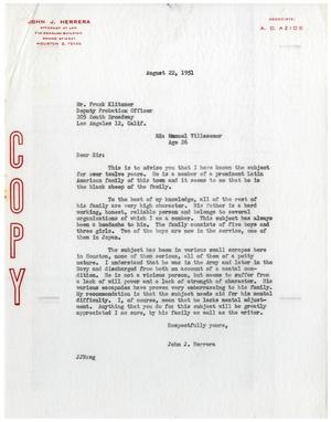 Primary view of object titled '[Letter from John Herrera to Frank Klitzner - 1951-08-22]'.