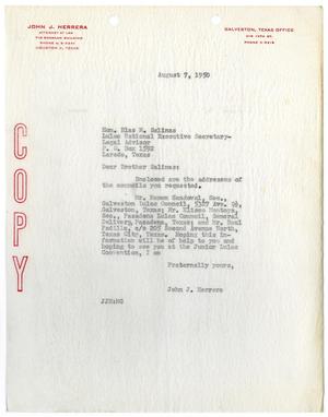 Primary view of object titled '[Letter from John J. Herrera to Blas M. Salinas - 1950-08-07]'.