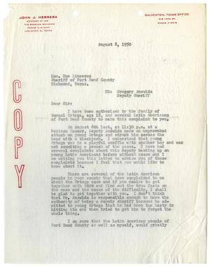 Primary view of object titled '[Letter from John J. Herrera to Sheriff Rue Lincecum - 1950-08-08]'.