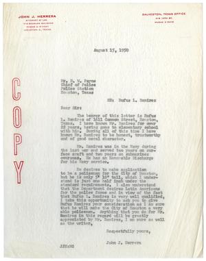 Primary view of object titled '[Letter from John J. Herrera to B. W. Payne - 1950-08-15]'.