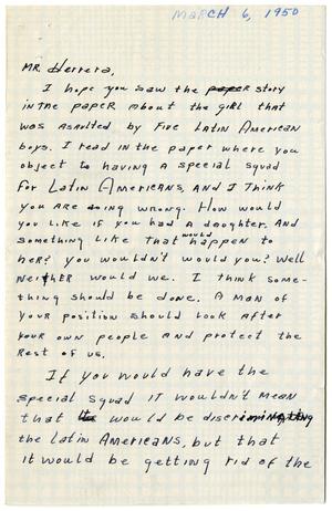Primary view of object titled '[Anonymous letter to John Herrera - 1950-03-06]'.