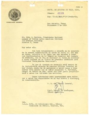 Primary view of object titled '[Letter from Efrain G. Dominguez to John J. Herrera - 1952-12-02]'.