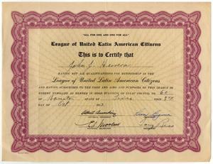Primary view of object titled '[Certificate from League of United Latin American Citizens to John J. Herrera - 1953-10-08]'.