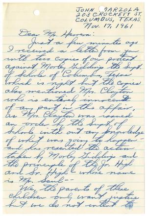 Primary view of object titled '[Letter from John A. Marzola to John J. Herrera - 1961-11-17]'.