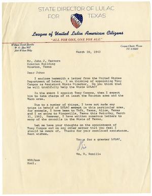 Primary view of object titled '[Letter from William D. Bonilla to John J. Herrera - 1962-03-28]'.