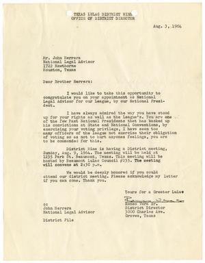 Primary view of object titled '[Letter from Romeo Vera, Sr. to John J. Herrera - 1964-08-03]'.