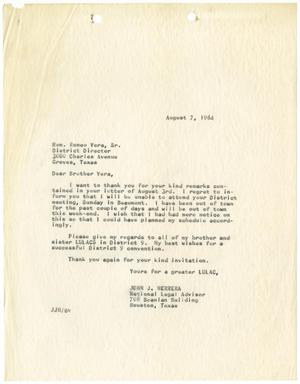 Primary view of object titled '[Letter from John J. Herrera to Romeo Vera, Sr. - 1964-08-07]'.
