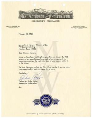 Primary view of object titled '[Letter from Thelma M. Taylor to John J. Herrera - 1965-02-18]'.