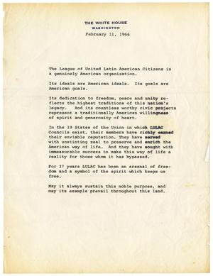 Primary view of object titled '[Document from the White House in praise of LULAC, February 11, 1966]'.