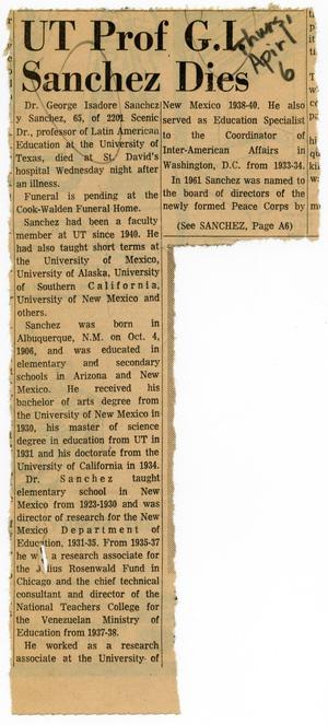 Primary view of object titled 'UT Prof G. I. Sanchez dies, page one'.