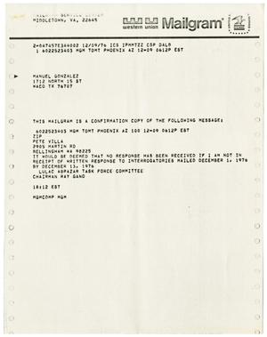 Primary view of object titled '[Mailgram from Ray A. Gano to Manuel Gonzales - 1976-12-09]'.