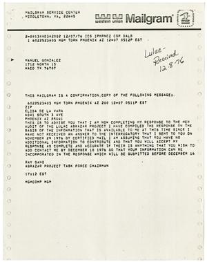Primary view of object titled '[Mailgram from Ray A. Gano to Manuel Gonzales - 1976-12-07]'.