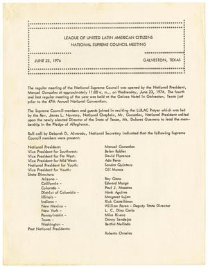 Primary view of object titled '[Minutes from the LULAC National Supreme Council Meeting - 1976-06-23]'.