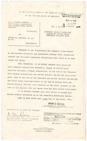 Primary view of object titled '[Judgment against defendant, E & J Travel Bureau vs. Joseph R. Benites, et al., 1975-09-11]'.