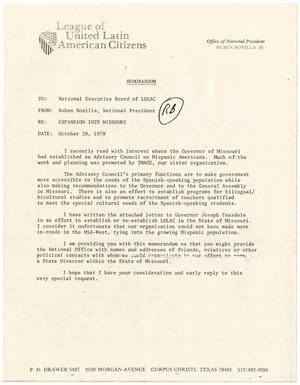 Primary view of object titled '[Memorandum from Ruben Bonilla, Jr., to the LULAC National Executive Board - 1979-10-29]'.