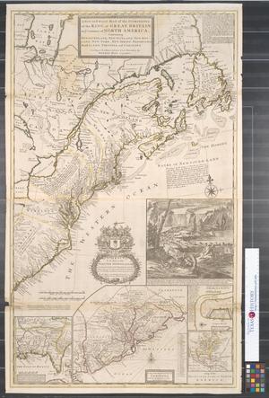 Primary view of object titled 'A new and exact map of the dominions of the King of Great Britain on ye continent of North America : containing Newfoundland, New Scotland, New England, New York, New Jersey, Pensilvania, Maryland, Virginia and Carolina according to the newest and most exact observations.'.