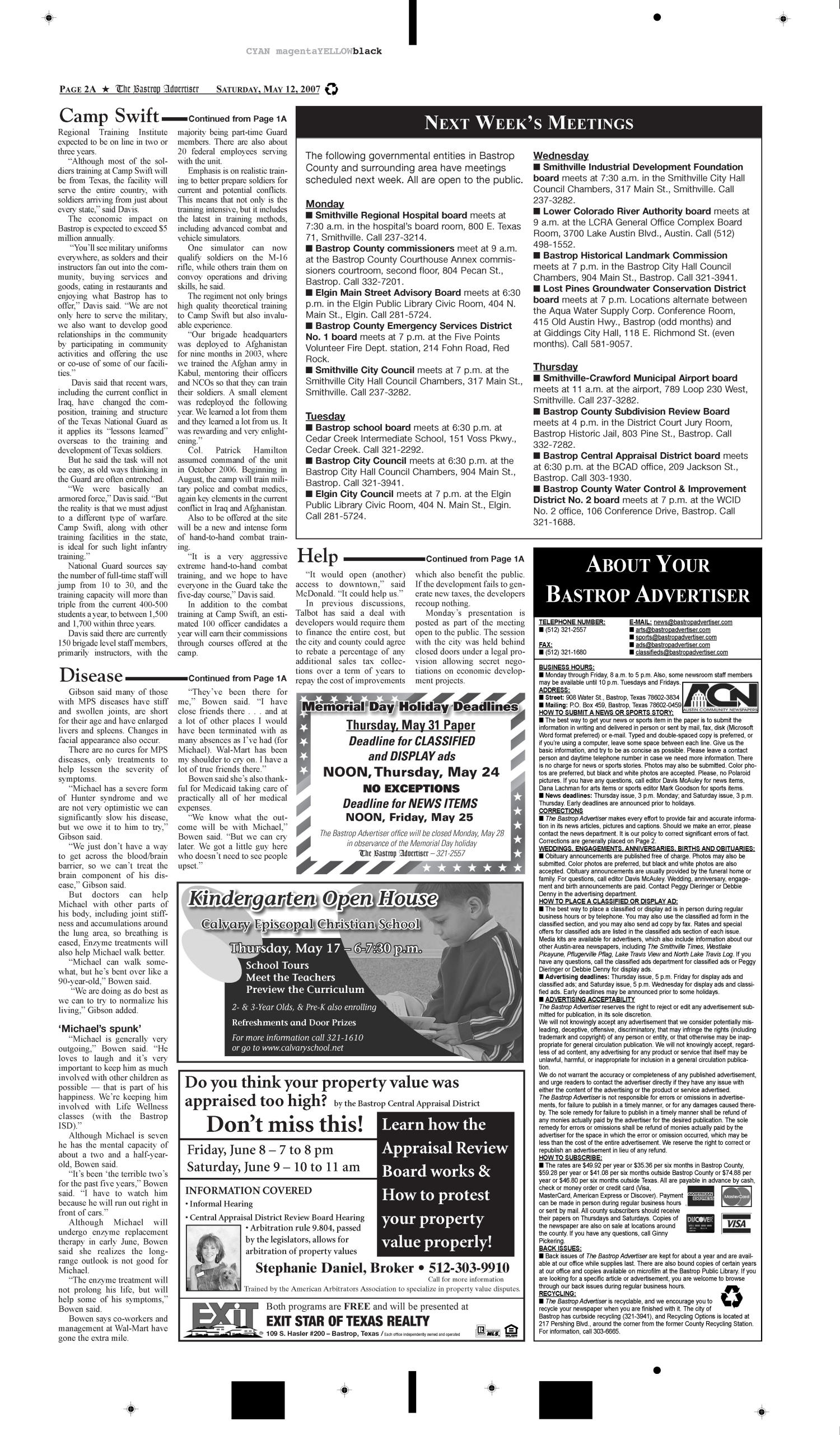 The Bastrop Advertiser (Bastrop, Tex.), Vol. 154, No. 22, Ed. 1 Saturday, May 12, 2007
                                                
                                                    [Sequence #]: 2 of 10
                                                