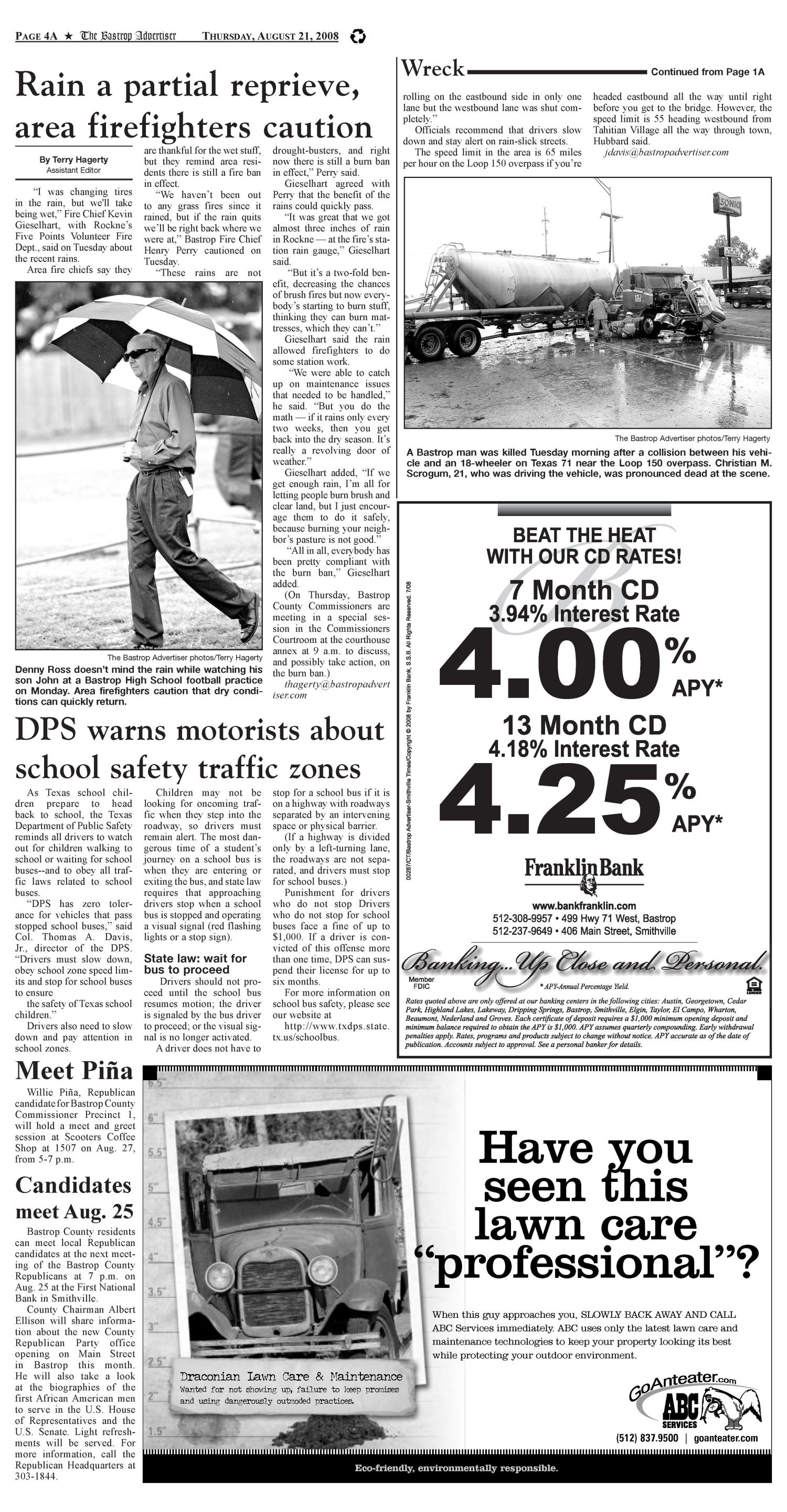The Bastrop Advertiser (Bastrop, Tex.), Vol. 155, No. 51, Ed. 1 Thursday, August 21, 2008
                                                
                                                    [Sequence #]: 4 of 15
                                                