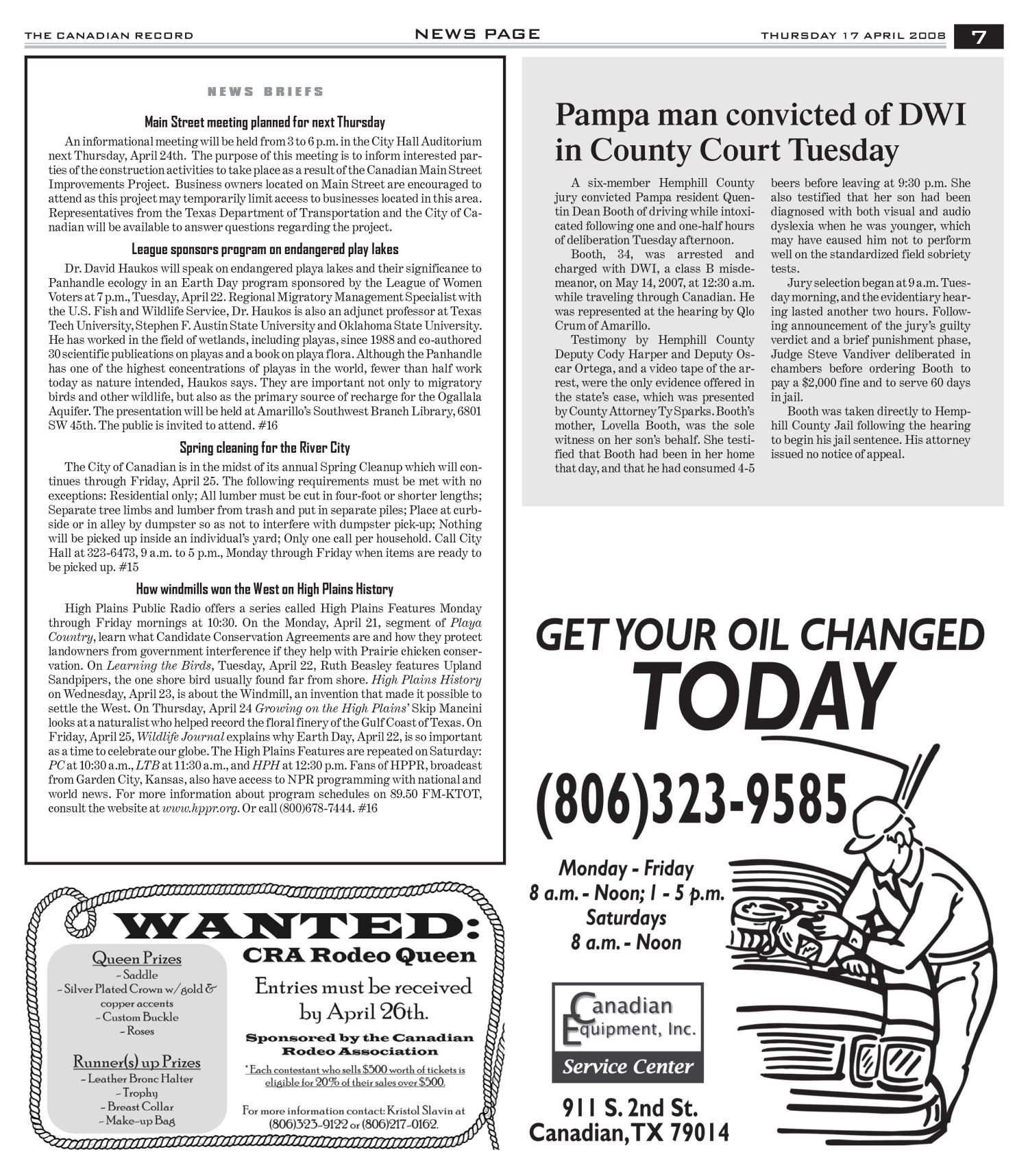 The Canadian Record (Canadian, Tex.), Vol. 118, No. 16, Ed. 1 Thursday, April 17, 2008
                                                
                                                    [Sequence #]: 7 of 36
                                                