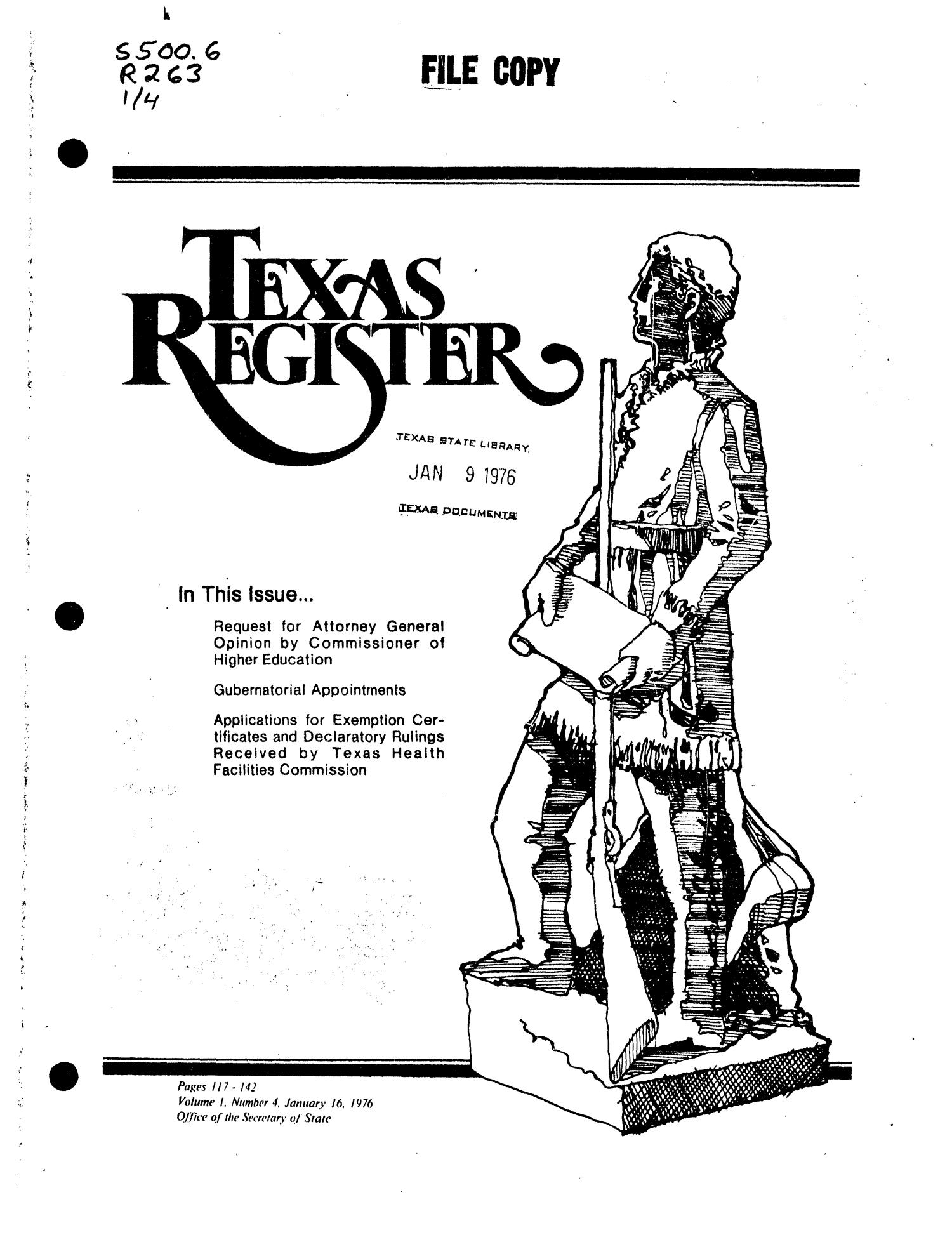 Texas Register, Volume 1, Number 4, Pages 117-142, January 16, 1976
                                                
                                                    Title Page
                                                