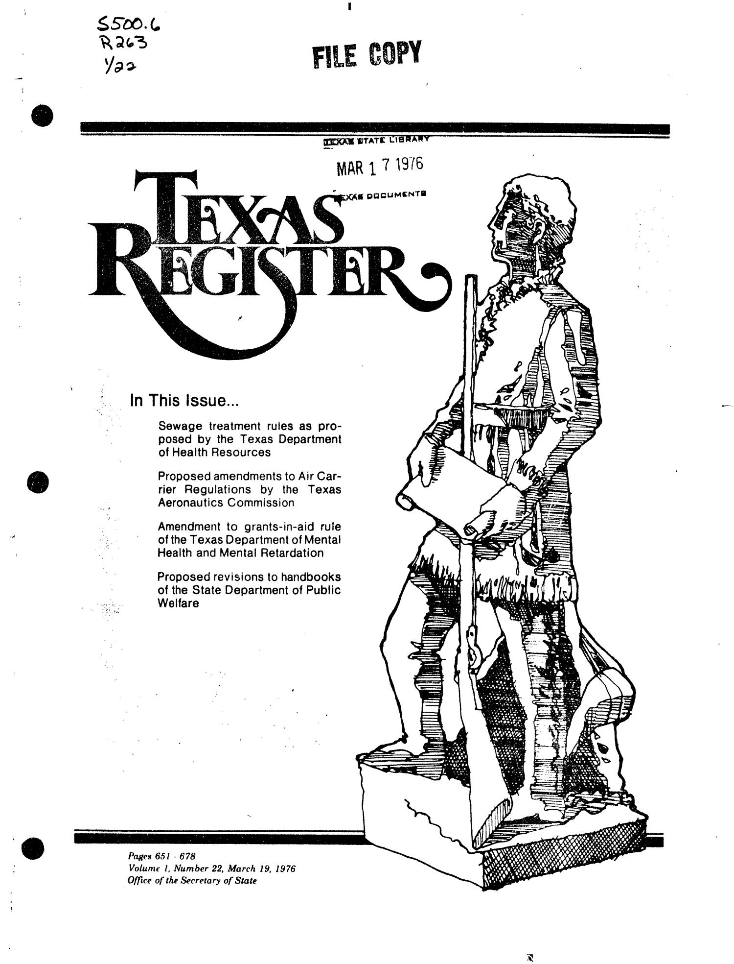 Texas Register, Volume 1, Number 22, Pages 651-678, March 19, 1976
                                                
                                                    Title Page
                                                