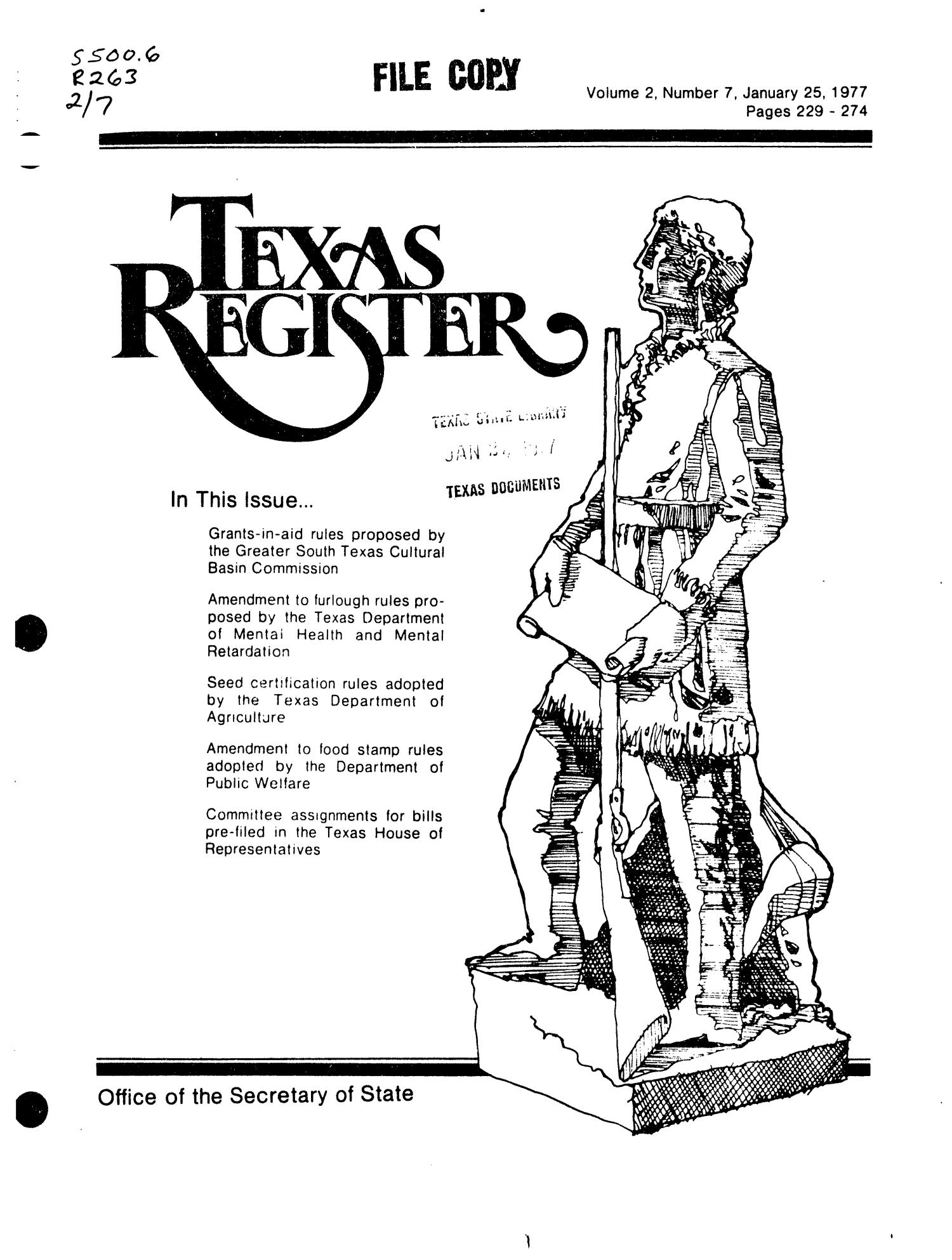 Texas Register, Volume 2, Number 7, Pages 229-274, January 25, 1977
                                                
                                                    Title Page
                                                