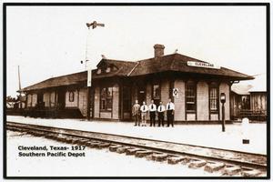 Primary view of object titled '[Postcard of the Souther Pacific Depot in Cleveland, Texas]'.