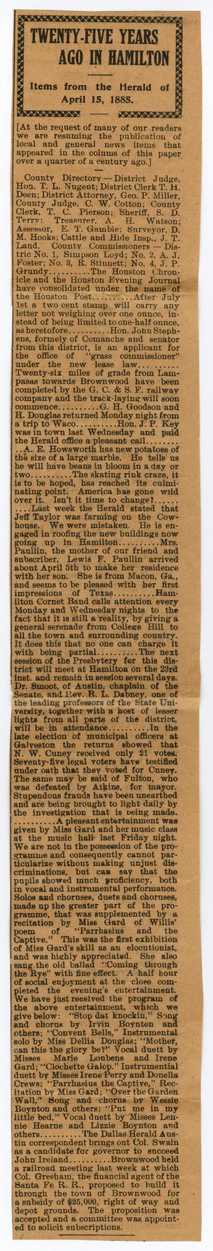 Primary view of object titled '[Newspaper Clipping: Twenty-Five Years Ago in Hamilton, April 15, 1910]'.