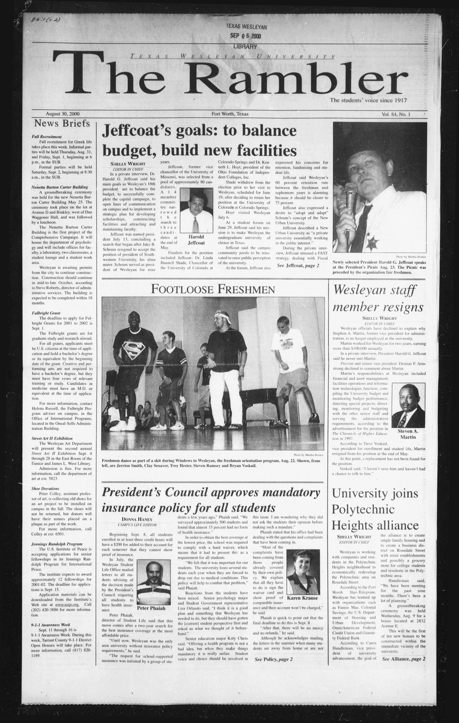 The Rambler (Fort Worth, Tex.), Vol. 84, No. 1, Ed. 1 Wednesday, August 30, 2000
                                                
                                                    [Sequence #]: 1 of 6
                                                