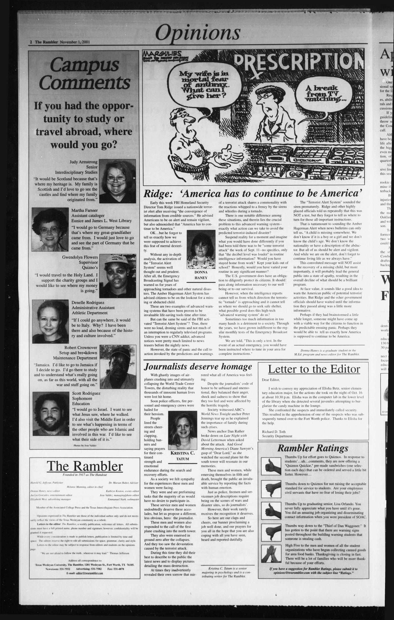 The Rambler (Fort Worth, Tex.), Vol. 86, No. 9, Ed. 1 Thursday, November 1, 2001
                                                
                                                    [Sequence #]: 2 of 4
                                                