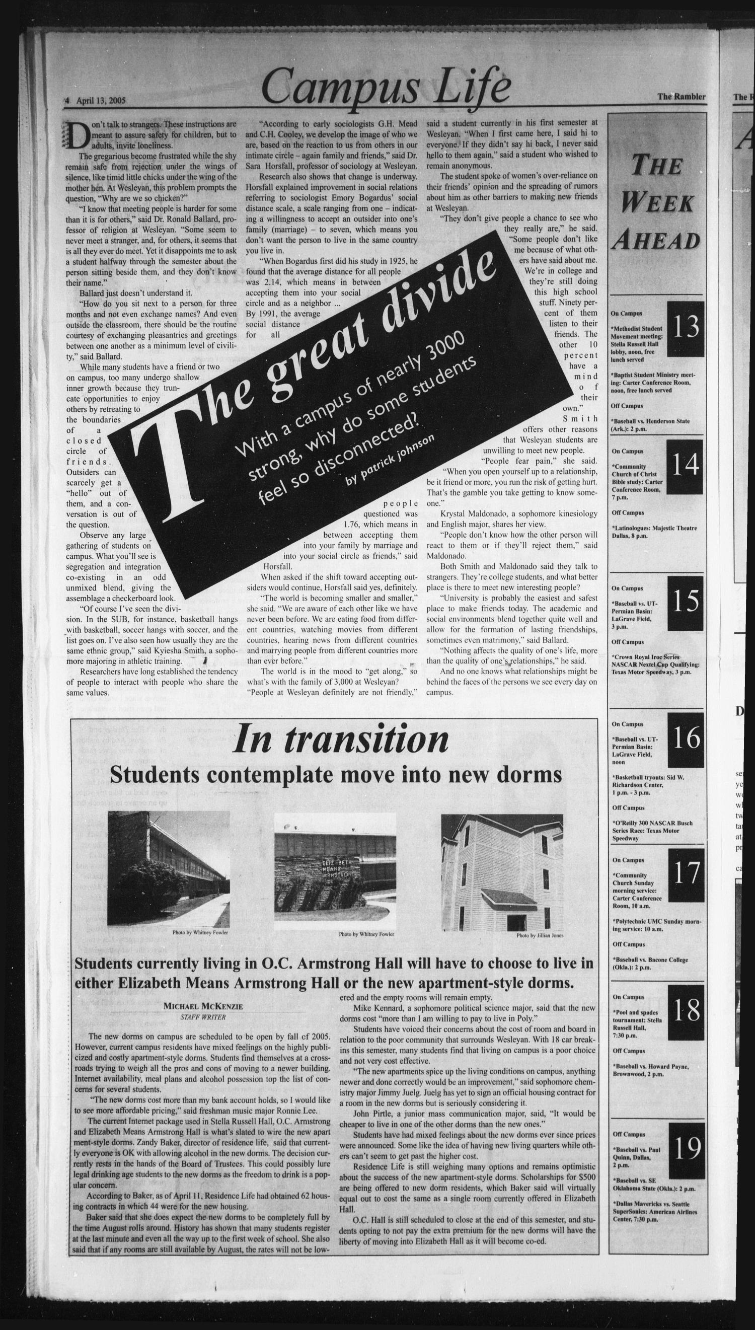 The Rambler (Fort Worth, Tex.), Vol. 93, No. 10, Ed. 1 Wednesday, April 13, 2005
                                                
                                                    [Sequence #]: 4 of 8
                                                