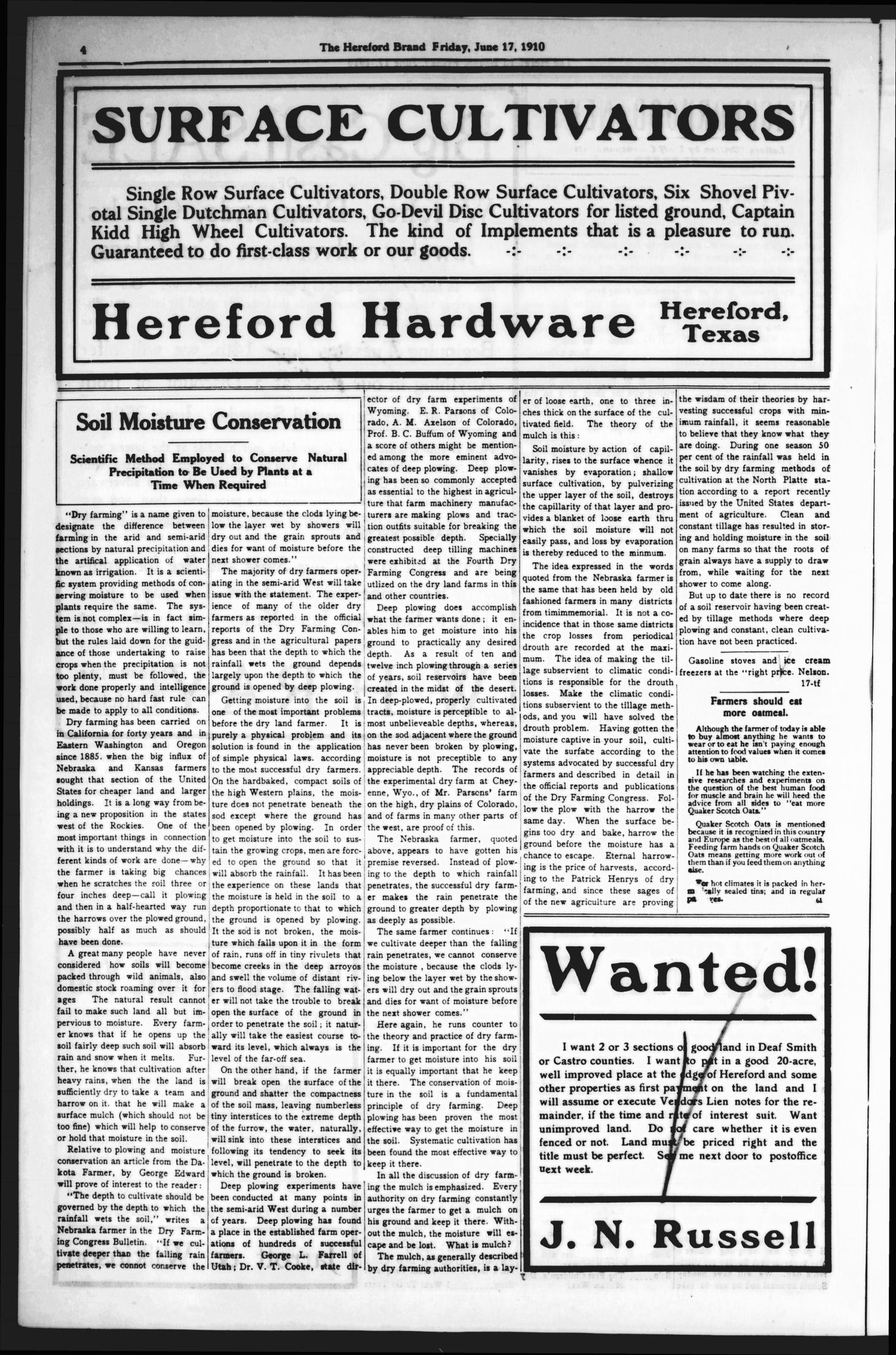 The Hereford Brand, Vol. 10, No. 19, Ed. 1 Friday, June 17, 1910
                                                
                                                    [Sequence #]: 4 of 12
                                                