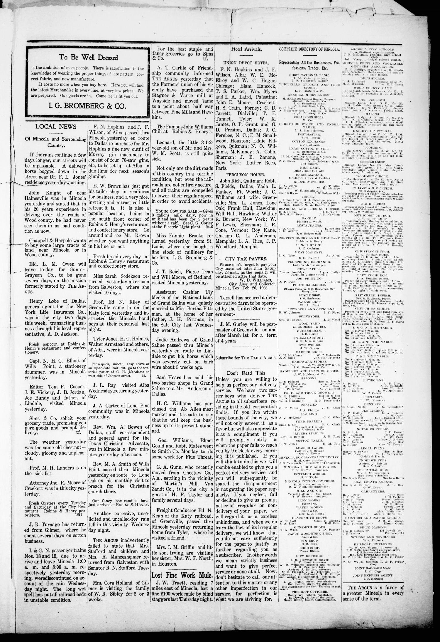 The Mineola Daily Argus (Mineola, Tex.), Vol. 1, No. 26, Ed. 1 Friday, February 27, 1903
                                                
                                                    [Sequence #]: 3 of 4
                                                