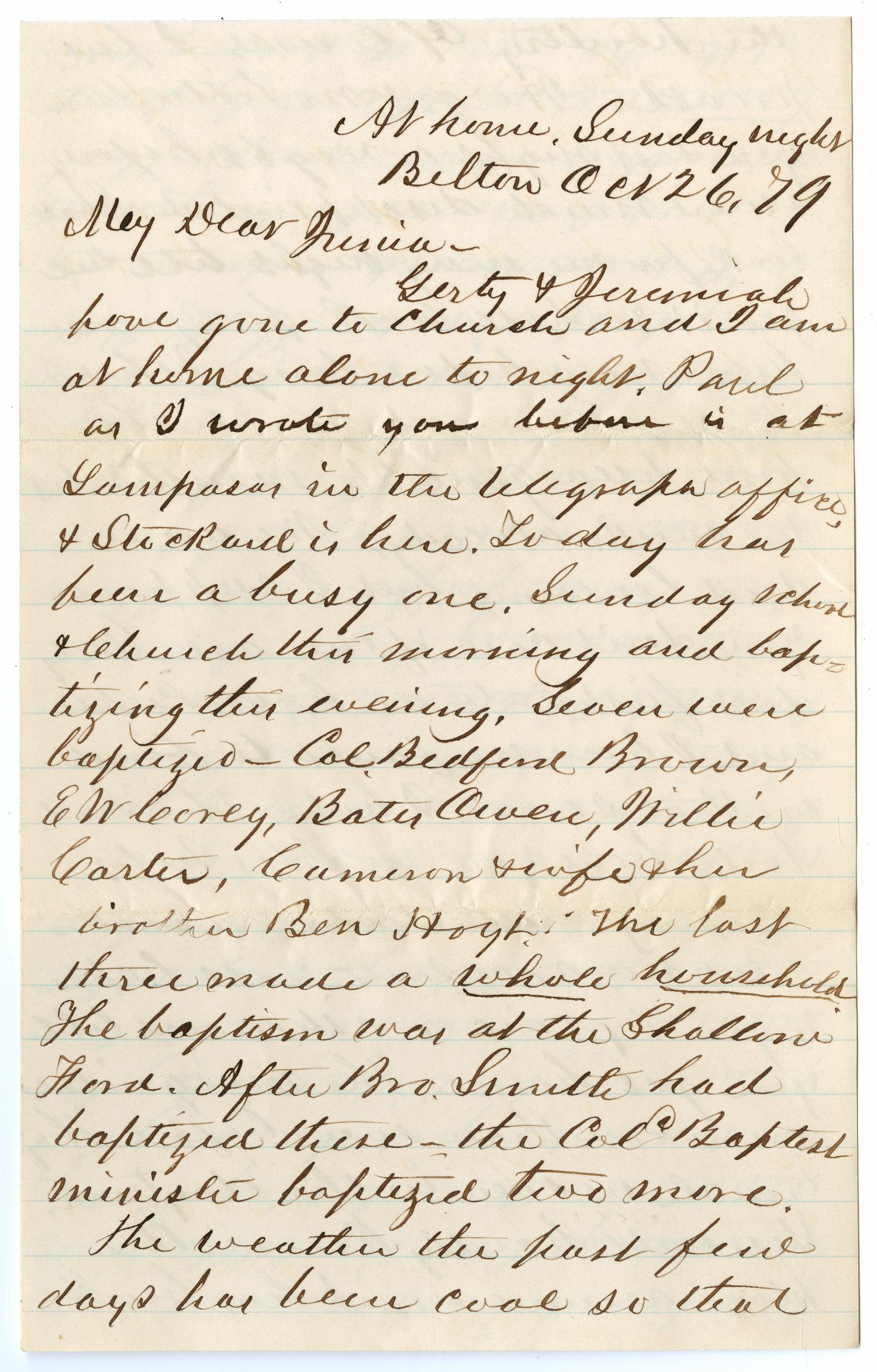 [Letter from John Patterson Osterhout to Junia Roberts Osterhout, October 26, 1879]
                                                
                                                    [Sequence #]: 1 of 6
                                                