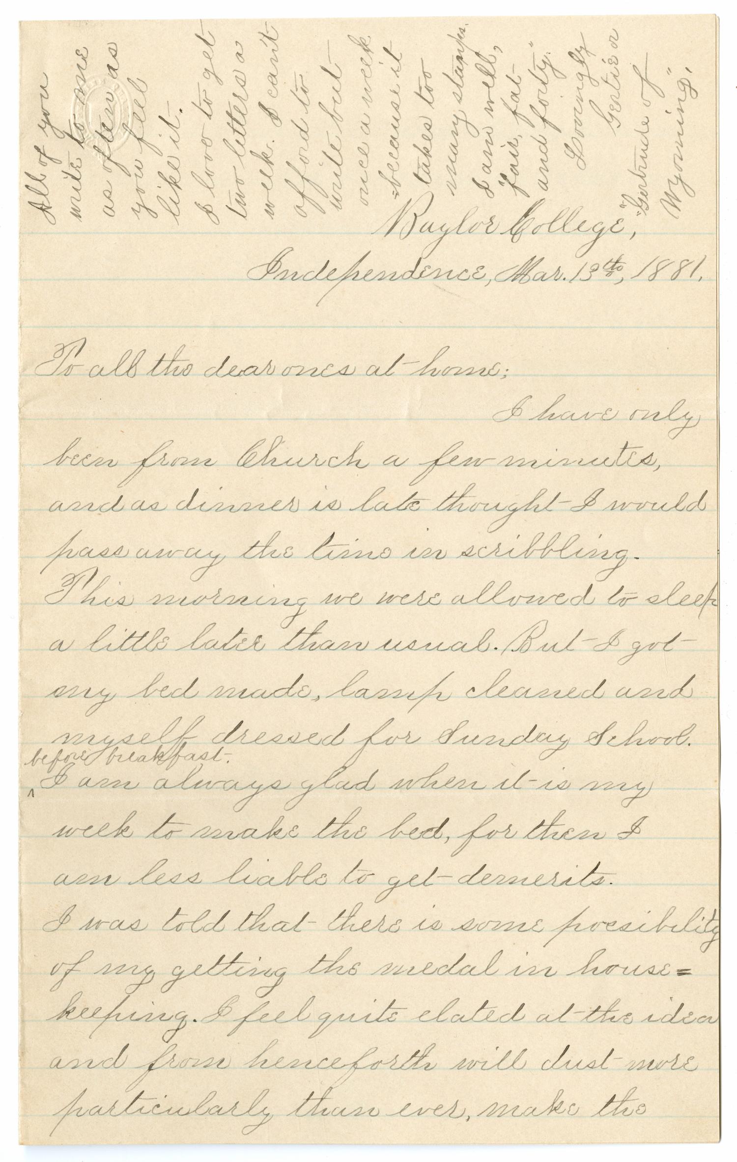 [Letter from Gertrude Osterhout to Osterhout Family, March 13, 1881]
                                                
                                                    [Sequence #]: 1 of 6
                                                