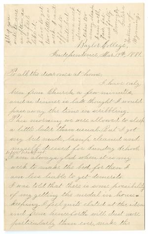 Primary view of object titled '[Letter from Gertrude Osterhout to Osterhout Family, March 13, 1881]'.