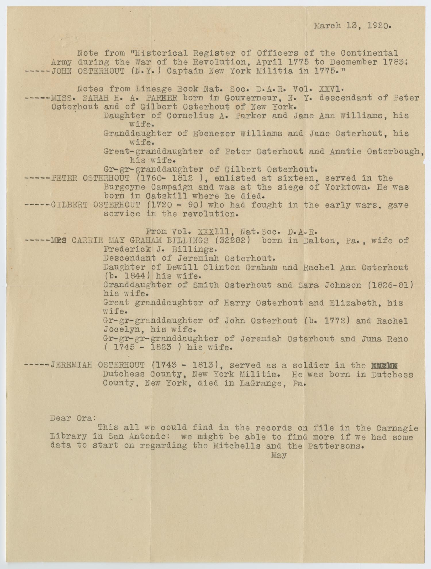 [Letter from May Patterson Frear Osterhout to Ora Osterhout, March 13, 1920]
                                                
                                                    [Sequence #]: 1 of 2
                                                