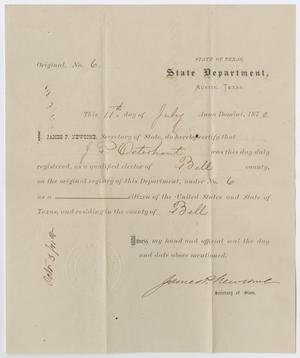 Primary view of object titled '[Voter Certificate for John Patterson Osterhout]'.