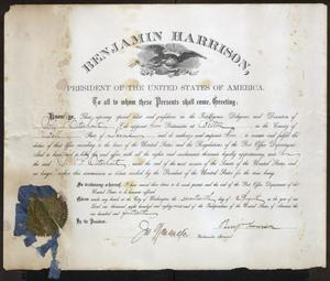 Primary view of object titled '[Certificate of Appointment to Postmaster for John Patterson Osterhout]'.