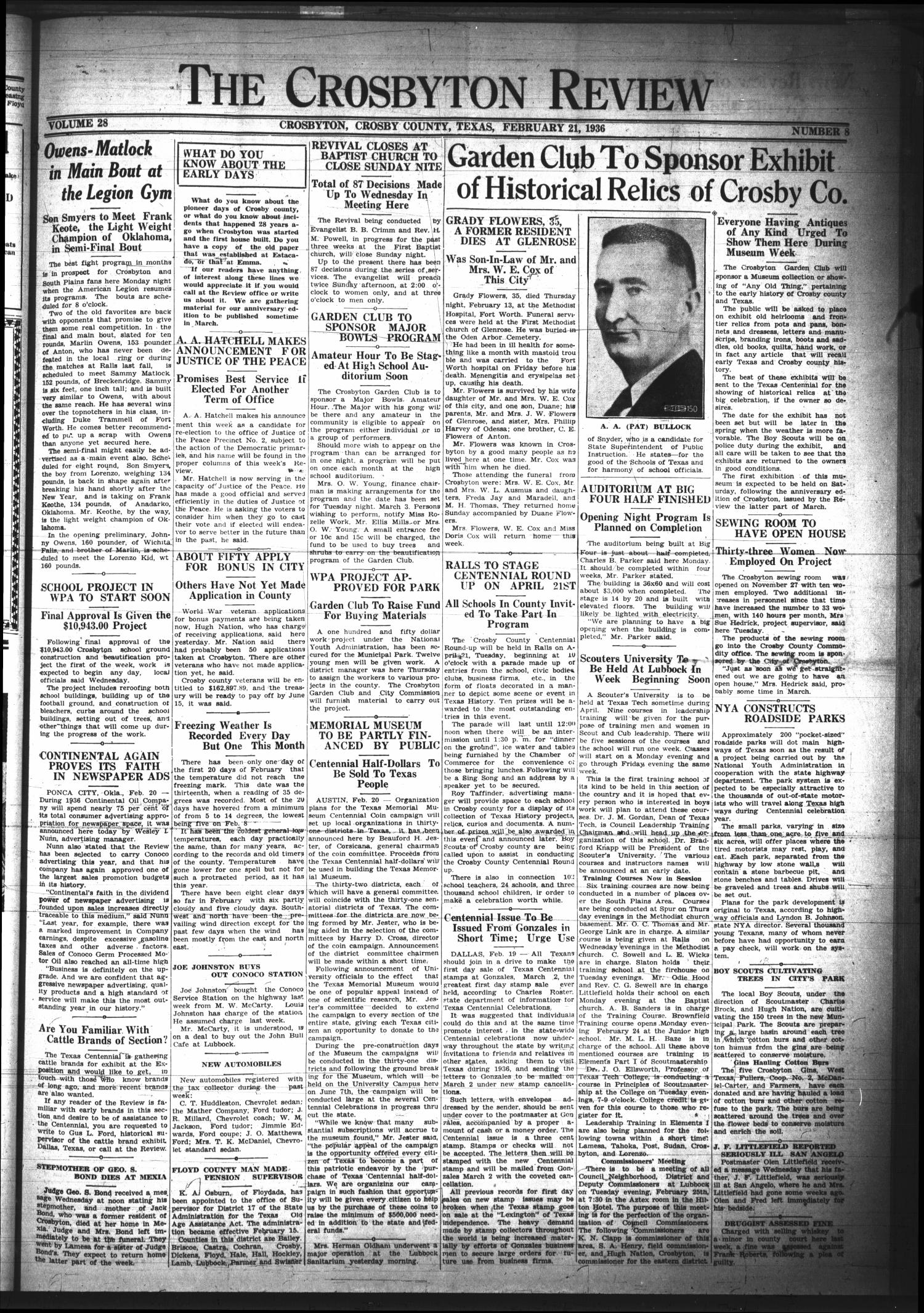 The Crosbyton Review. (Crosbyton, Tex.), Vol. 28, No. 8, Ed. 1 Friday, February 21, 1936
                                                
                                                    [Sequence #]: 1 of 10
                                                