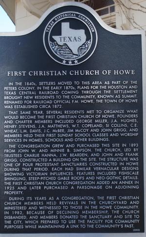 Primary view of object titled '[Texas Historical Commission Marker: First Christian Church of Howe]'.