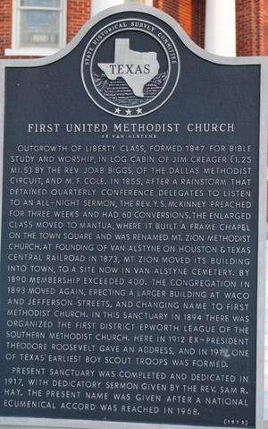 Primary view of object titled '[Texas Historical Commission Marker: First United Methodist Church of Van Alstyne]'.