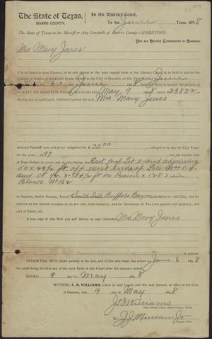 Primary view of object titled 'The City of Houston vs. Mrs. Mary Jones, summons issued 9 May 1898'.