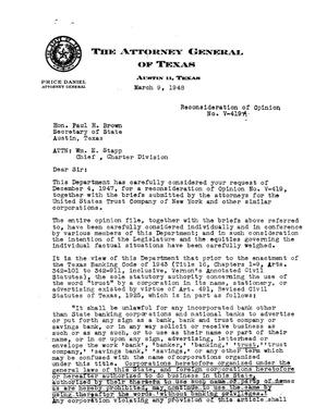 Primary view of object titled 'Texas Attorney General Opinion: V-419'.