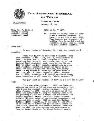 Primary view of object titled 'Texas Attorney General Opinion: V-1144'.