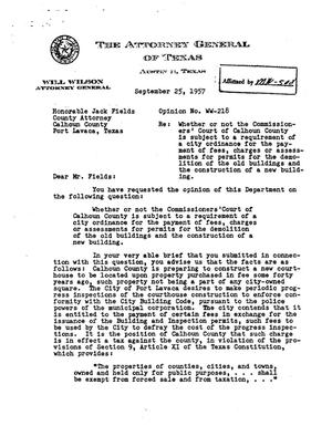 Primary view of object titled 'Texas Attorney General Opinion: WW-218'.