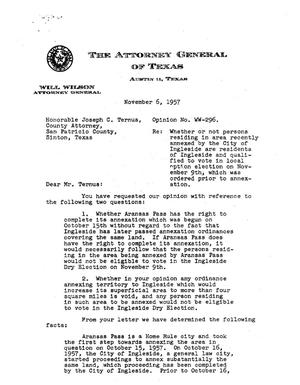 Primary view of object titled 'Texas Attorney General Opinion: WW-296'.