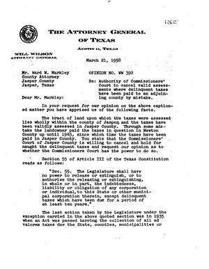 Primary view of object titled 'Texas Attorney General Opinion: WW-392'.